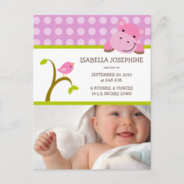 {TBA} Hippo & Birdie Baby Girl Birth Announcement (Front)