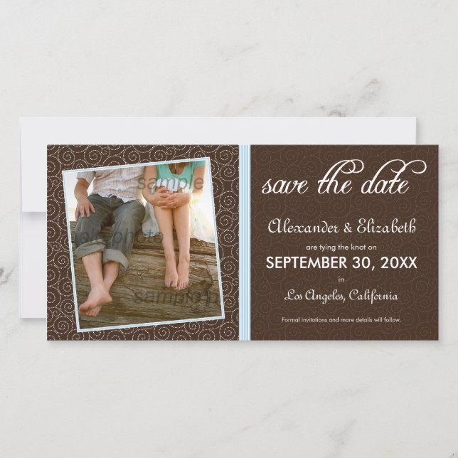 {TBA} Swirly-Q Brown/Baby Blue Save the Date (Front)