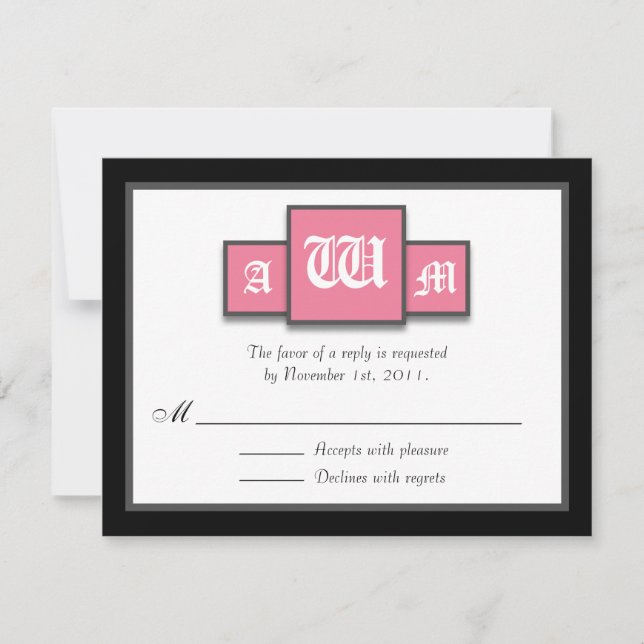 {TBA} Tri-Monogram Pink Modern Reply / RSVP Cards (Front)