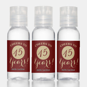 TCheers to 15 Years Burgundy Red and Gold Glitter Hand Sanitizer
