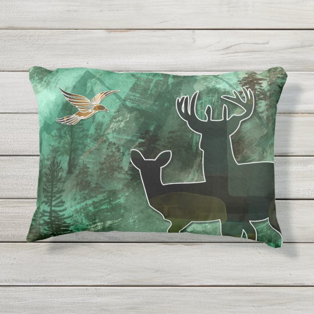 TCWC - "Woodland Harmony" Birds, Buck and Doe Outdoor Pillow (Back)