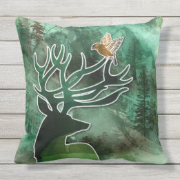 TCWC - "Woodland Harmony" Green Deer and Birds Throw Pillow