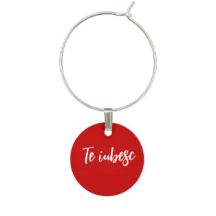 Te iubesc in red and white keychain wine charm