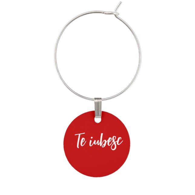 Te iubesc in red and white keychain wine charm (Front)