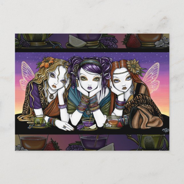 Tea 4 Three Eccentric KiKi Party Fairies Postcard (Front)