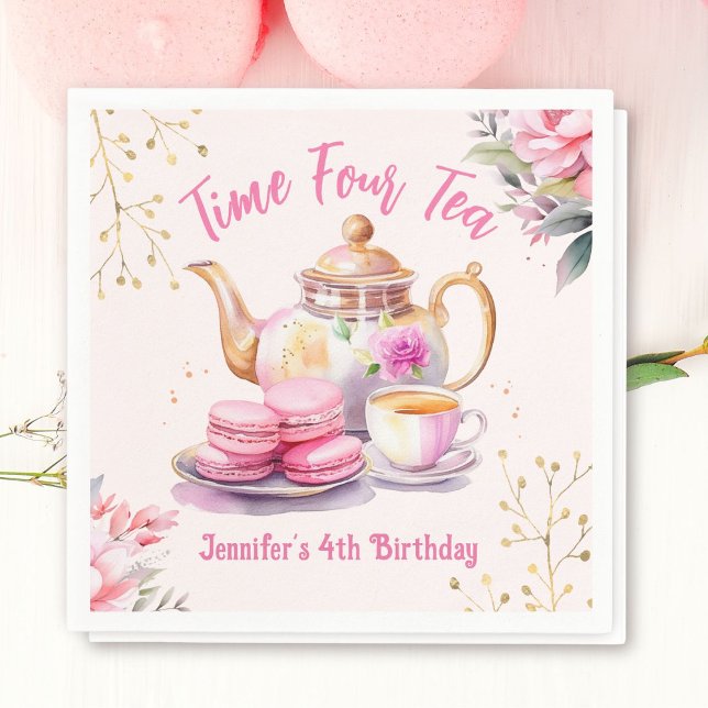 Tea 4th Birthday Pink Girl Tea Party Napkins (Creator Uploaded)