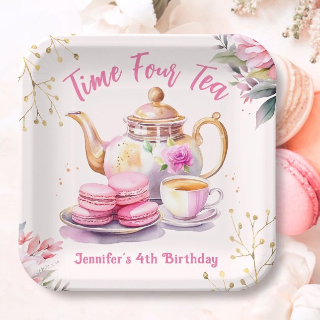 Tea 4th Birthday Pink Girl Tea  Party Paper Plates (Creator Uploaded)