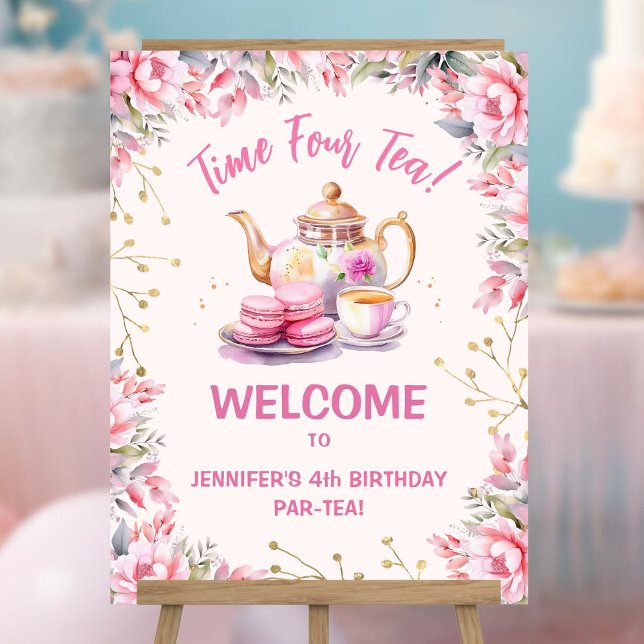 Tea 4th Birthday Pink Girl Tea Party Welcome  Foam Board (Creator Uploaded)