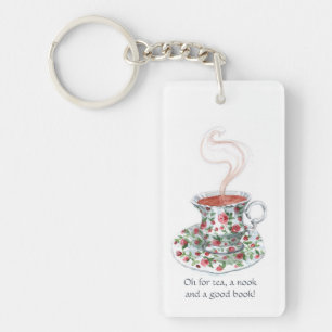 Tea, a nook, and a book! Tea slogan, vintage cup Keychain