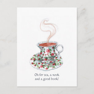 Tea, a nook, and a book! Tea slogan, vintage cup Postcard