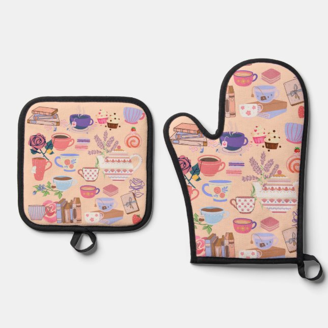 Tea And Books Oven Mitt & Pot Holder Set (Front)