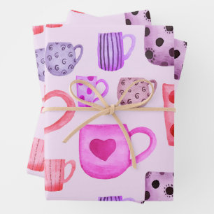 Tea and Coffee Mugs Colorful Pink and Purple Wrapping Paper Sheets