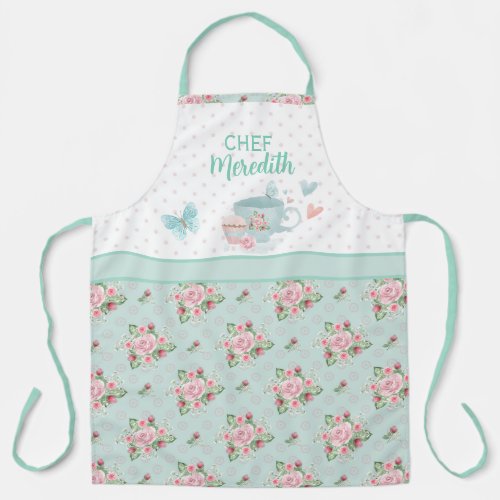Tea and Cupcake Time Personalized Green  Pink  Ap Apron
