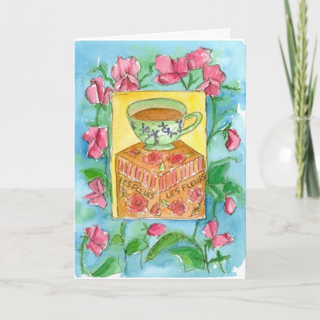 Tea and Flowers Happy Birthday Sweet Peas Card (Front)