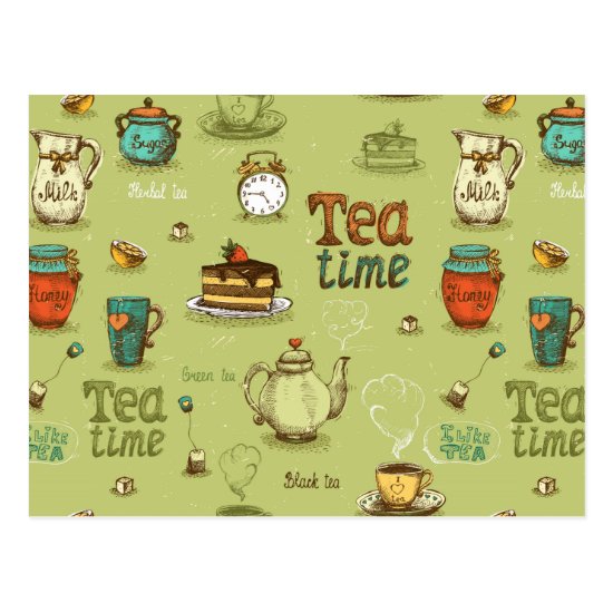 Tea and Honey Tea Time in Green Postcard