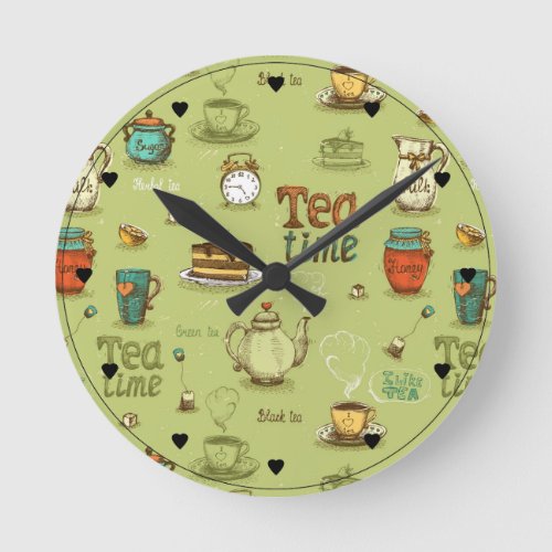 Tea and Honey Tea Time in Green Round Clock