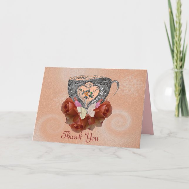 Tea and Roses Peach Letterpress Thank You Card (Front)