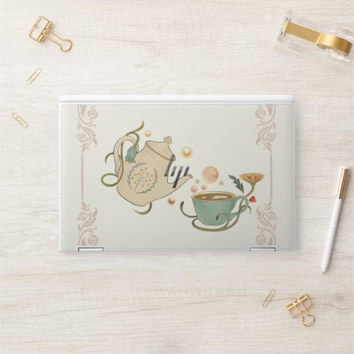 Tea Art Beige Floral Graphic Design HP Laptop Skin
