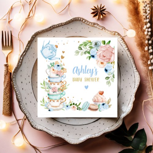 Tea Baby Shower Blue Flower Girl Baby is Brewing Napkins