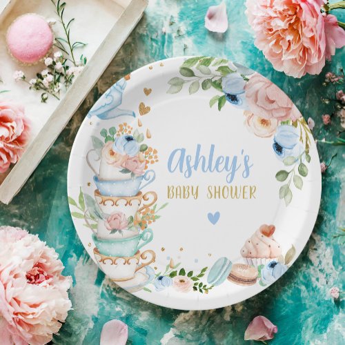 Tea Baby Shower Blue Flower Girl Baby is Brewing Paper Plates