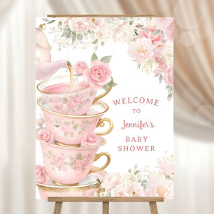 Tea Baby Shower Girl Floral Pink Gold Welcome Foam Board