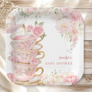 Tea Baby Shower Girl Tea Party Bloom Floral Pink Paper Plates
