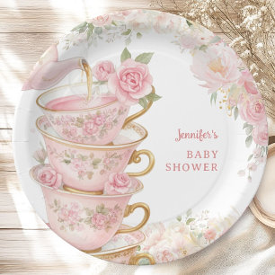 Tea Baby Shower Girl Tea Party Bloom Floral Pink Paper Plates