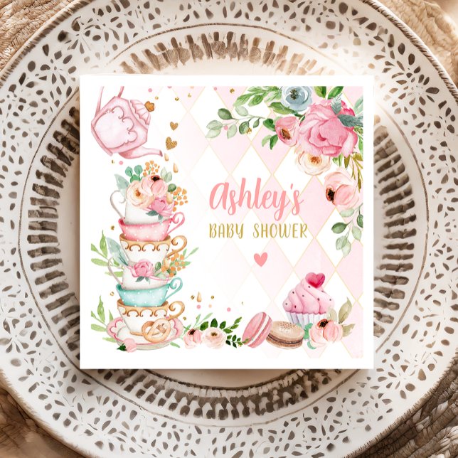 Tea Baby Shower Pink Flower Girl Baby is Brewing Napkins (Creator Uploaded)