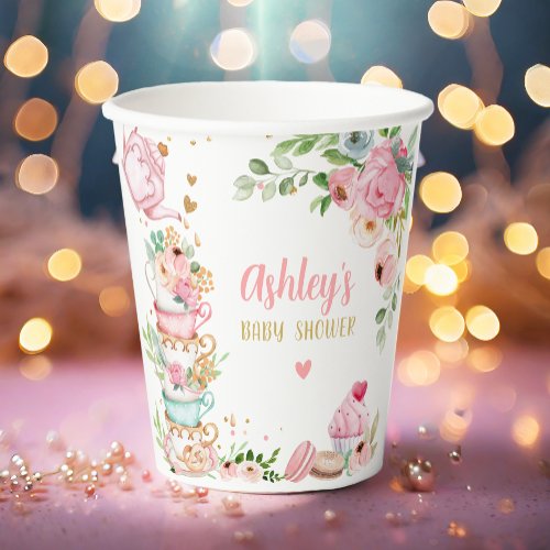 Tea Baby Shower Pink Flower Girl Baby is Brewing Paper Cups
