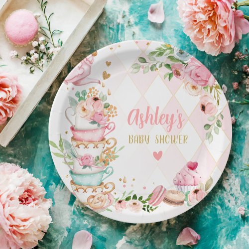 Tea Baby Shower Pink Flower Girl Baby is Brewing Paper Plates