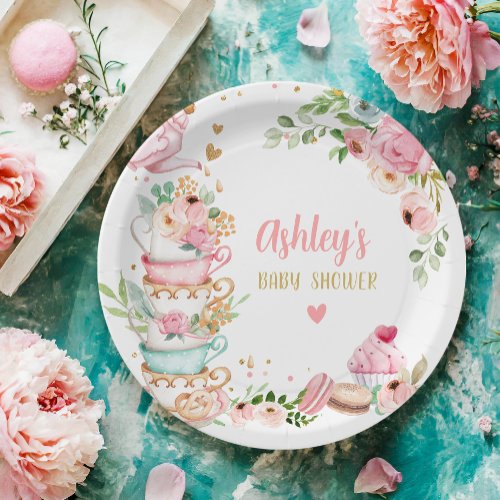 Tea Baby Shower Pink Flower Girl Baby is Brewing Paper Plates