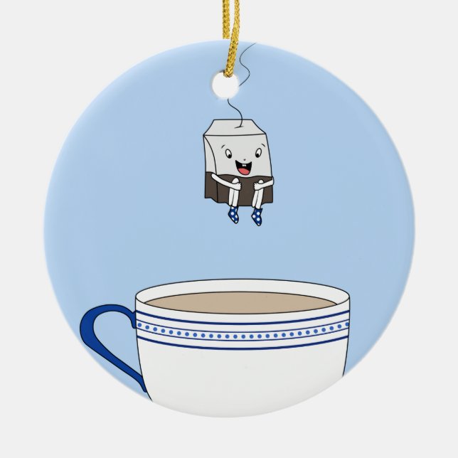 Tea bag jumping in cup ceramic ornament (Front)
