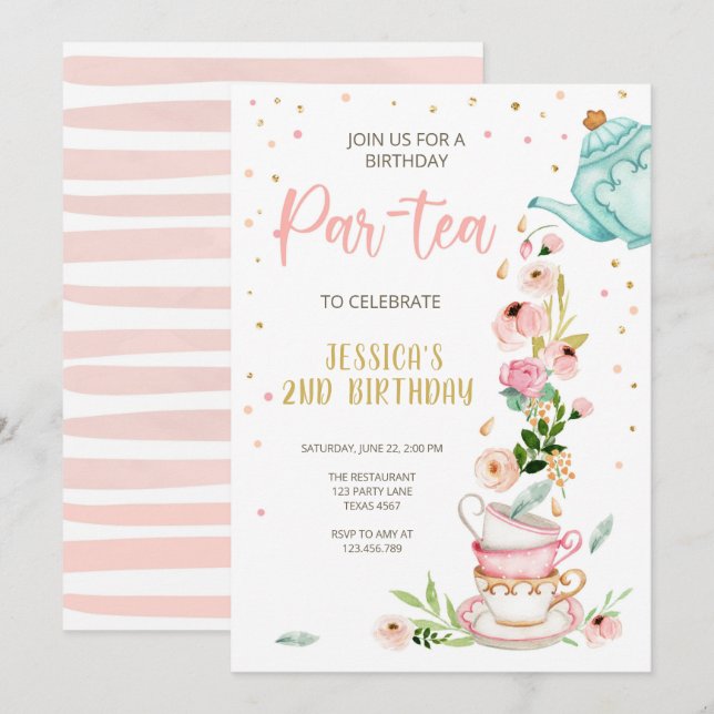 Tea Birthday Invitation Girl Party Par-tea Floral (Front/Back)