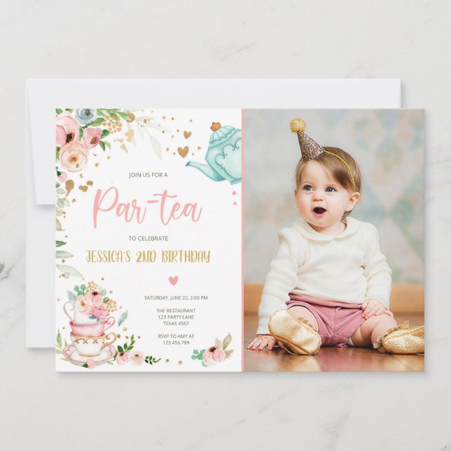 Tea Birthday Invitation Girl Party Par-tea Floral (Front)