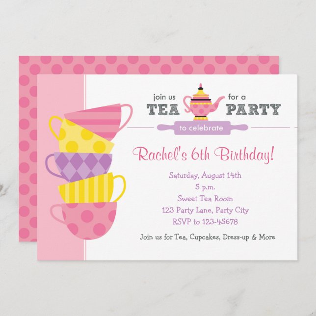 Tea Birthday Invitations (Tea Party Cups) (Front/Back)