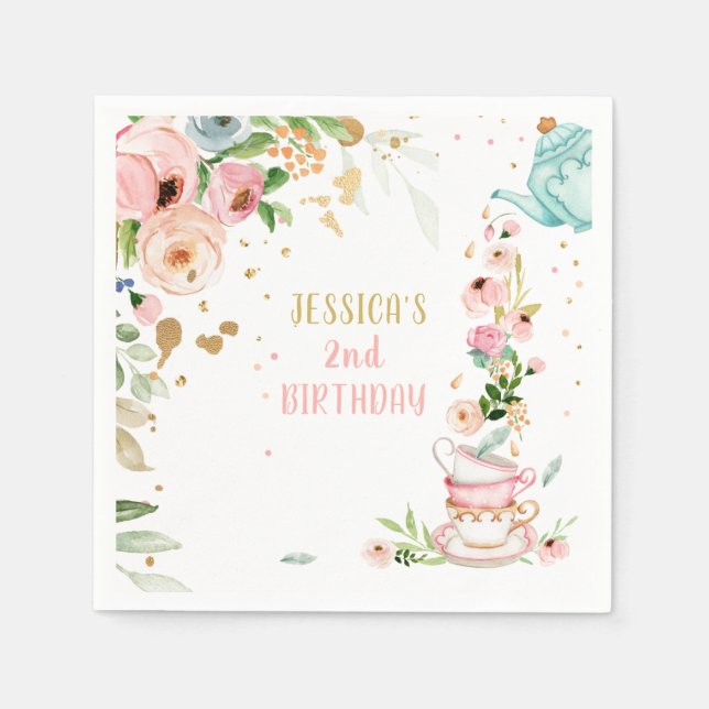 Tea Birthday Party Floral Tea Pink Gold Girl Napkins (Front)