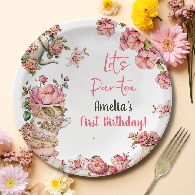 Tea Birthday Party Pink Flower Girl Par-tea Floral Paper Plates (Creator Uploaded)