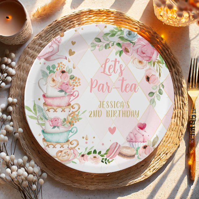 Tea Birthday Party Pink Flower Girl Par-tea Floral Paper Plates (Creator Uploaded)