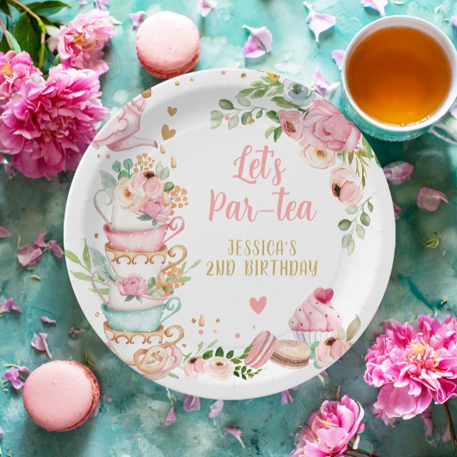 Tea Birthday Party Pink Flower Girl Par-tea Floral Paper Plates (Creator Uploaded)