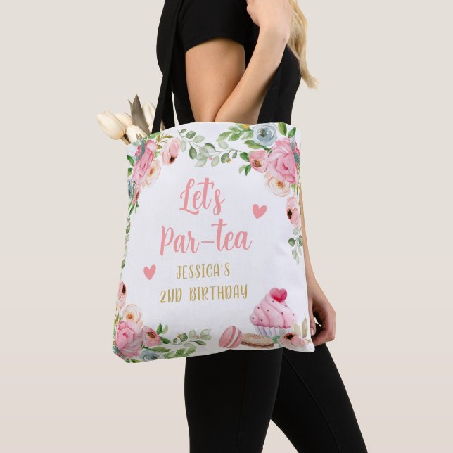 Tea Birthday Party Pink Flower Girl Par-tea Floral Tote Bag (Close Up)