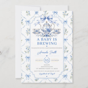 Tea Blue Baby Is Brewing Baby Shower Chinoiserie Invitation