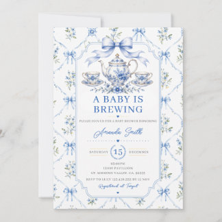 Tea Blue Baby Is Brewing Baby Shower Chinoiserie Invitation