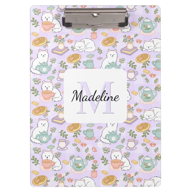 Tea & Bookish Cats Personalized Monogram Clipboard (Front)