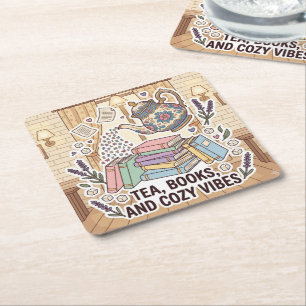 Tea, Books, and Cozy Vibes Square Paper Coaster