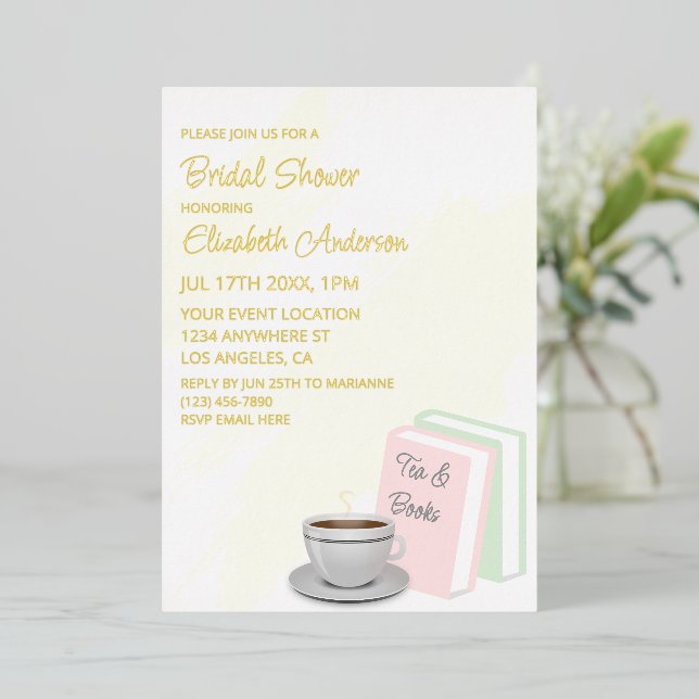 Tea & Books Bridal Shower Foil Invitation (Standing Front)