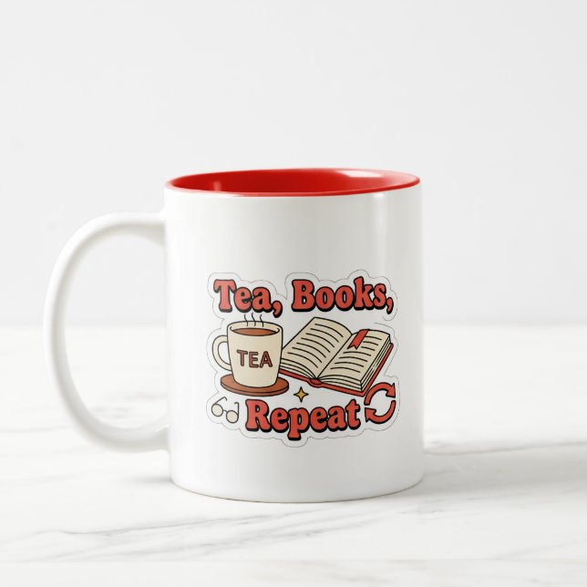 Tea, books, repeat - cozy book lover reading Two-Tone coffee mug (Left)