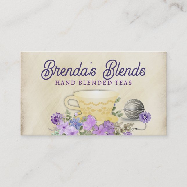 tea brewing ball teacup flowers business card, ... business card (Front)