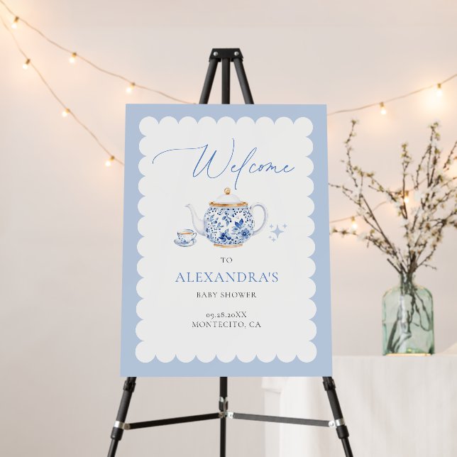 Tea Brewing Script Blue Baby Shower Welcome Sign (In Situ (Stand))