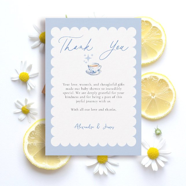 Tea Brewing Script Blue Theme Script Baby Shower Thank You Card (boy baby shower thank you card tea brewing theme blue watercolor elegant modern stylish classy)