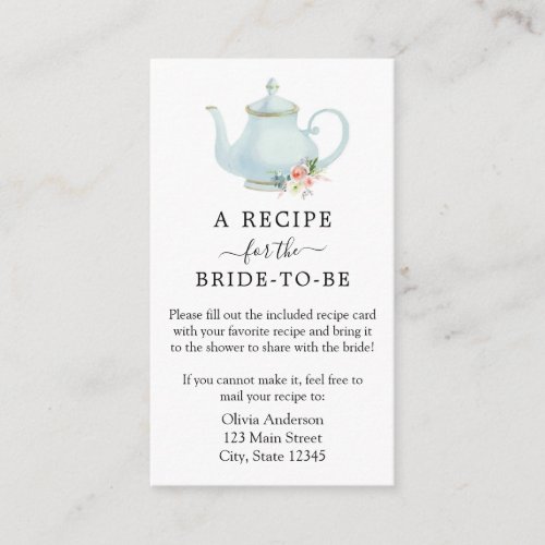 Tea Bridal Shower Recipe Request  Enclosure Card